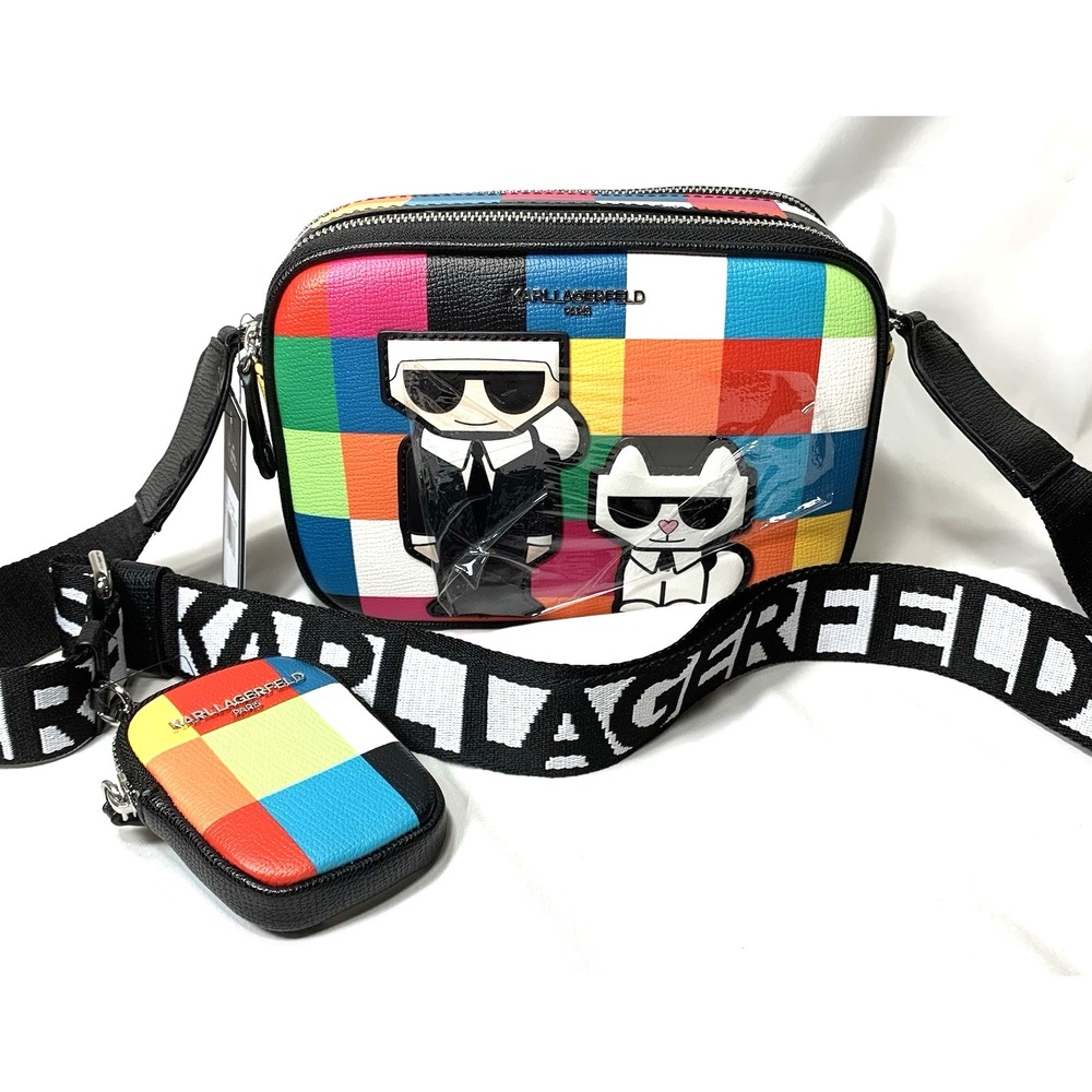 NEW Karl Lagerfeld Purse Maybelle Multicolor Crossbody Bag Camera Checker Cat
